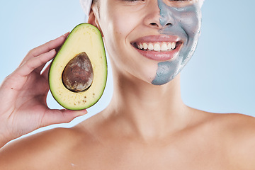 Image showing Skincare, beauty and woman with avocado face mask peel for diy home beauty salon facial treatment. Girl with organic food product or fruit mask for health, wellness or cosmetic spa skin acne cleaning