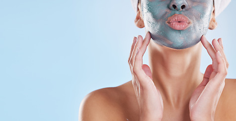 Image showing Facial, beauty and skincare with woman and face mask for clear skin, acne or luxury cosmetics against a blue background. Wellness, spa and relax with female and salon face treatment product