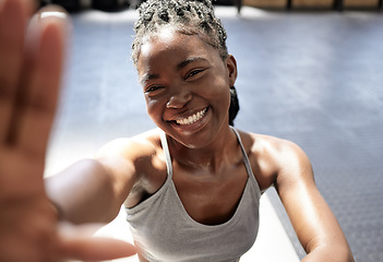 Image showing Fitness, happy and black woman taking a selfie in the gym after training, exercise and workout alone. Smile, healthy and young African woman influencer, wellness and active lifestyle on social media