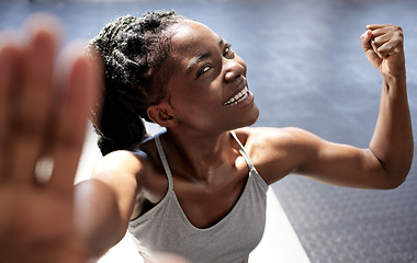 Image showing Fitness motivation, strong muscle and workout woman from Jamaica happy after a gym exercise. Selfie of a athlete with a smile before training, boxing and sports wellness exercise with a fist