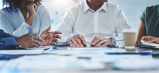 Image showing Hands, teamwork and collaboration with a team of business people in a meeting for planning, strategy and vision. Talking about the mindset and mission of company growth and development for the future