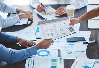 Image showing Teamwork hands, paperwork and planning annual report data, research and business budget in office. Company people giving documents in strategy meeting, graphs analytics and financial stats progress