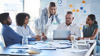 Image showing Diversity business people in digital meeting with laptop for seo data analytics, finance budget report review or collaboration. Project management teamwork vision for website ux or ui software design