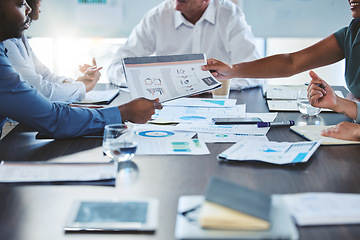 Image showing Business teamwork hands, paperwork and planning annual report, research and financial budget in office. Company people giving statistics documents about our vision meeting, sales analytics and growth