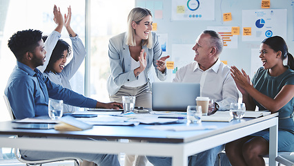 Image showing Clapping, success and diversity business meeting with infographic paper, teamwork and collaboration. Smile, happy and exctied men, women and digital marketing group with strategy winner and crm deal