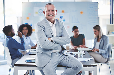 Image showing Leadership, business man director and corporate ceo working with vision, success and motivation in company office. Portrait of senior executive manager, happy professional entrepreneur and smile boss