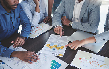 Image showing Hands teamwork, planning and paperwork, documents or charts doing research, data and budget report. Corporate people discussing graphs, financial statistics or infographic analytics on a table.