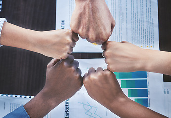 Image showing Hands of business people for support, motivation for team goal and trust in partnership with finance employees in a meeting, seminar or workshop. Fist bump for teamwork, collaboration and solidarity