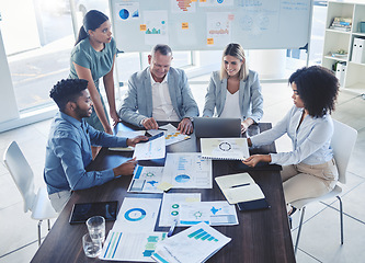 Image showing Marketing paperwork planning, business teamwork and branding meeting of diversity collaboration, data research and kpi revenue sales. Office employees documents, strategy management and stats reports