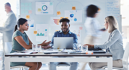 Image showing Digital marketing, advertising and business people in a meeting planning a branding strategy for a global company. Diversity, communication and creative employees in a group discussion on sales goals