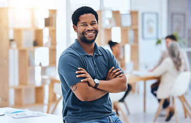 Image showing Business meeting, black man and smile portrait with arms crossed at coworking conference desk. Casual corporate male with proud, confident and happy expression at office building boardroom.