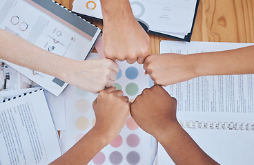 Image showing Motivation, teamwork and fist hands of business people in project management, innovation and network meeting. Diversity, collaboration and goals with group of employees in trust, success and vision