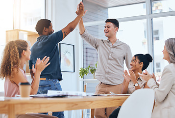 Image showing Business people giving high five for success in meeting, people clapping hands for team achievement and in celebration of company win. Excited, growth and support in partnership at work office