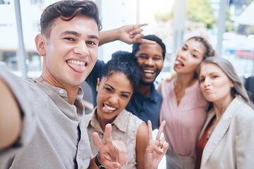 Image showing Selfie, peace and teamwork with a team of business people working in collaboration and taking a picture together. Motivation, fun and solidarity with a group of work friends posing in the office