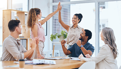 Image showing Business teamwork high five celebrate deal success, achievement and winner motivation working in startup agency. Happy company of people, employee collaboration and worker in support of excited goal