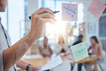 Image showing Glass, idea and sticky note wall for brainstorming business development and growth of company. Logistics, solution and inspiration meeting board for corporate planning and innovation in team.