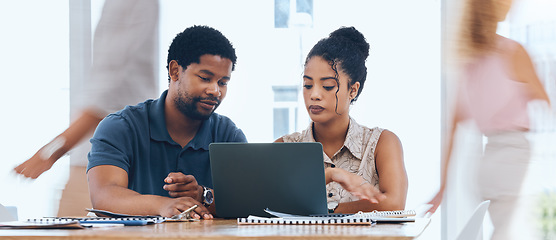 Image showing Business teamwork, designers and planning laptop ideas, strategy and research in busy startup agency. Employee focus, young workers and creative meeting, internet working and online web collaboration