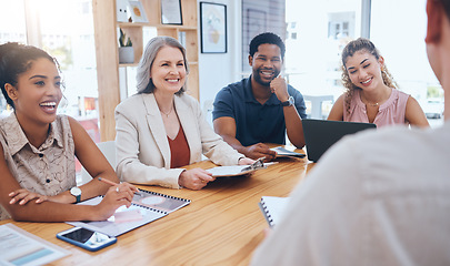 Image showing Business people in interview meeting with employee, talking with consultant and networking with international client in office at work. Support, teamwork and happy corporate staff in partnership