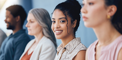 Image showing Learning, education and training with business woman in meeting with smile in seminar, conference and coaching workshop. Portrait of girl employee in audience of business meeting team trade show
