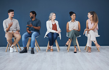 Image showing Diversity, business people and recruitment chair row in lobby for onboarding of workforce. Communication, cooperation and waiting room for professional corporate company interview meeting.