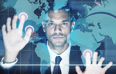 Image showing Digital big data cloud computer man, futuristic web graphs and digital transformation with businessman, trader or investor. Face of website developer, crypto reading analytics and research on tech