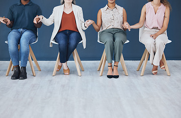 Image showing Prayer, support and trust with people holding hands in a counseling session for mental health and wellness. Hope, worship and community in a group in therapy for help, solidarity and spiritual faith