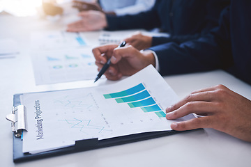 Image showing Marketing chart graphs, sales and advertising goals or projections checklist and paperwork results by the manager. Employee reading financial profit data analytics while planning a finance strategy