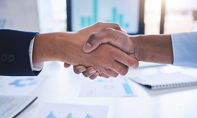 Image showing Hand of business people, partnership and hand shake for agreement on b2b corporate contract deal. Merger success, collaboration and handshake at teamwork strategy business meeting with chart and data