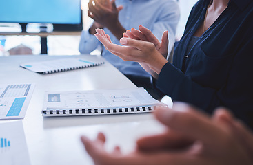 Image showing Clapping, teamwork training and workshop in presentation, business conference or office tradeshow. Zoom on diversity hands, motivation or people success for innovation or company education with paper