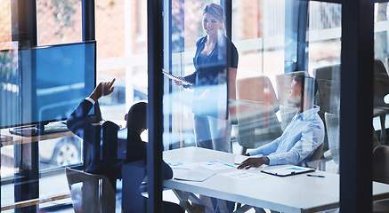 Image showing Digital marketing presentation, business meeting and teamwork at table of office room. Female leadership, collaboration and leader coaching workers, blockchain training workshop and finance strategy