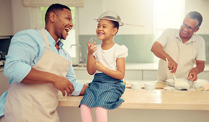 Image showing Girl, father and funny and crazy kitchen entertainment with child to bond with parent in home. Silly, cute and happy family relationship with innocent and goofy fun while cooking together.