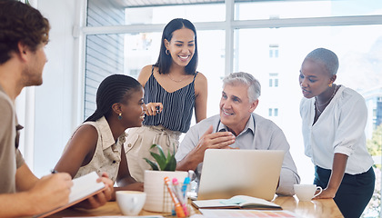 Image showing Teamwork, diversity and innovation in meeting on laptop with team, communication or talk. Planning, leadership or strategy with corporate people working on a project on computer together in office