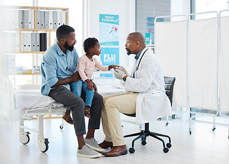 Image showing Black doctor, medicine and medical worker consulting with baby, father and child patient for covid, allergies or hospital. Nurse, trust and support African family wellness healthcare for health help