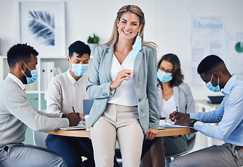 Image showing Meeting, office and covid in team collaboration of business people and leader woman in corporate planning. Portrait of a female manager happy to remove a coronavirus face mask at end of a pandemic.