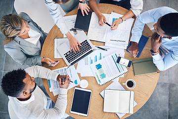 Image showing Collaboration, business meeting and strategy marketing planning with corporate company employees in conference office from above. Business people, analytics and vision with consulting management