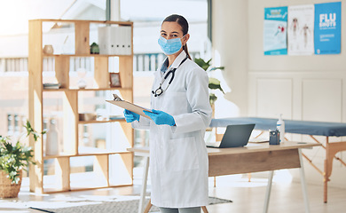 Image showing Insurance checklist and covid healthcare doctor with face mask and portrait while working with medical paperwork in an office. Trust and vision of a covid 19 expert woman checking vaccination results
