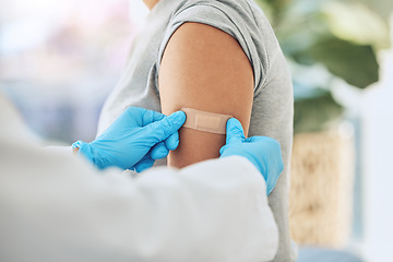 Image showing Covid virus vaccination, vaccine and doctor hands with plaster on patient arm in a medical hospital or clinic. Healthcare worker help, trust and safety flu shot antigen for protection against disease