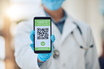 Image showing Doctor covid travel, vaccine passport on smartphone and vaccination certificate. International immigration, digital health innovation app, qr code technology and airport security regulation check