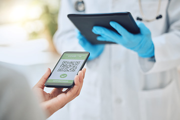 Image showing Digital covid vaccine qr code, phone immunity certificate and healthcare passport for medical doctor to check at clinic test site. Hands, mobile app and booster shot, wellness data and risk identity