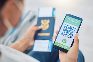 Image showing Covid vaccine passport on a phone for travel, safety or security in global pandemic. Airport, smartphone app with digital health certificate qr code and South Africa book for international traveling