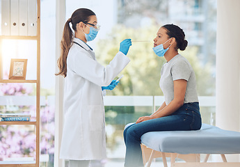 Image showing Doctor, covid nose test and woman in hospital for healthcare compliance, insurance policy routine and medicine research. Medical worker, trust and consulting employee with sick patient and face mask