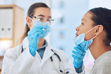 Image showing Covid, testing and healthcare with a medical doctor and patient doing a pcr test for corona virus symptoms. Hospital, medicine and consulting with a female health worker in appointment with a woman