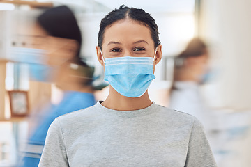 Image showing Covid, mask and woman from Mexico with face safety, protection and medical facial hospital gear. Portrait of .dengue and corona prevention at a healthcare clinic and Mexican patient at a checkup