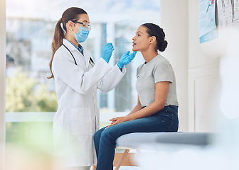 Image showing Covid, mask woman and patient mouth test with medical doctor specialist at consulting facility. Healthcare worker doing virus swab examination for person with coronavirus sickness symptoms.