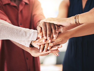 Image showing Hands, trust and team building workshop for support of inclusive corporate company workplace. Solidarity, collaboration and cooperation in diverse business workforce with multiracial staff.
