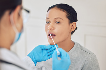 Image showing Female patient, healthcare and covid test using swab in mouth to collect specimen at testing center. Medical professional or doctor with gloves for hygiene while working with coronavirus in hospital