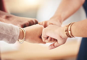 Image showing Teamwork, hand and fist group of business people celebration, collaboration and support at work. Corporate professional team touching showing diversity, success and motivation in a startup office