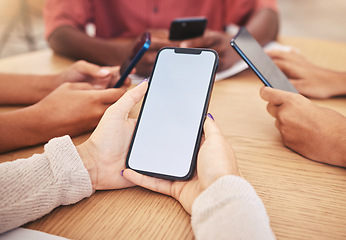 Image showing Smartphone, blank screen display in hands for advertising, mockup design and marketing app. People on social media with 5g phones using wireless tech for online app, website or new modern software