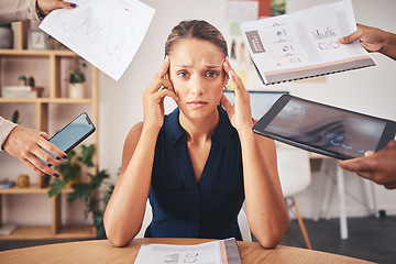 Image showing Stress, time management and project management business woman with paperwork, tablet and phone call in hands for office job. Headache, anxiety portrait for KPI of corporate worker in administration