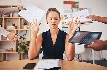 Image showing Burnout, stress and business woman overworked from too much, work overload and pressure marketing corporate company. Time management, frustrated and tired employee in digital agency office building